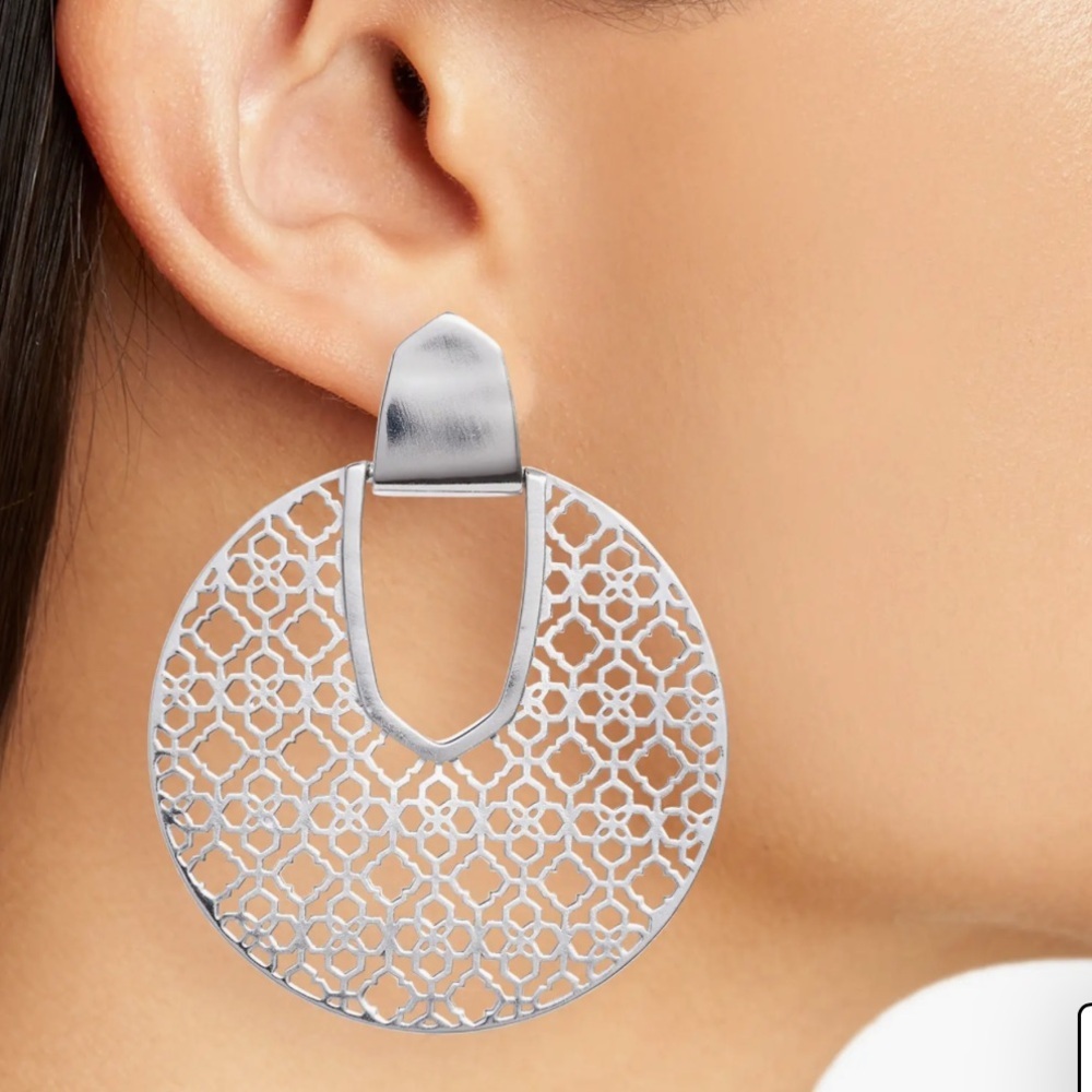 Kendra Scott Diane Drop Silver Rhodium Plated Filigree Statement Earrings - Picture 9 of 9